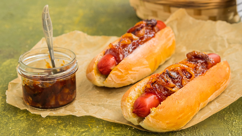 Two hot dogs with onion relish