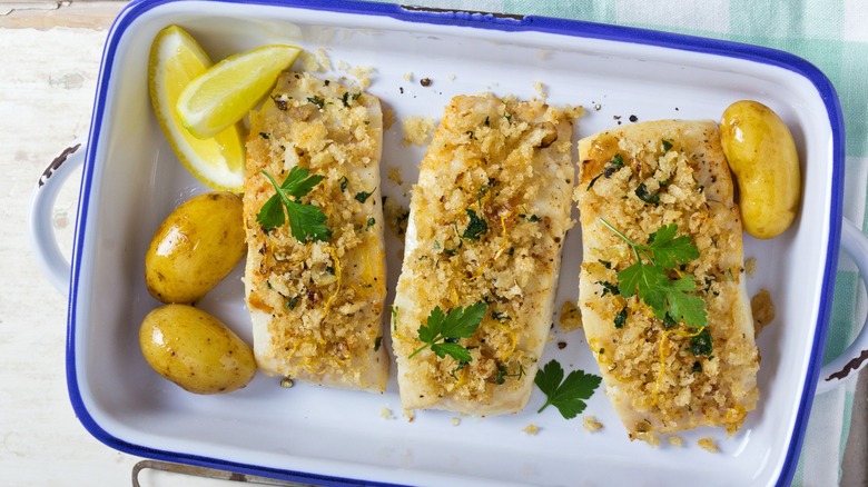 cod fillets topped with breadcrumbs