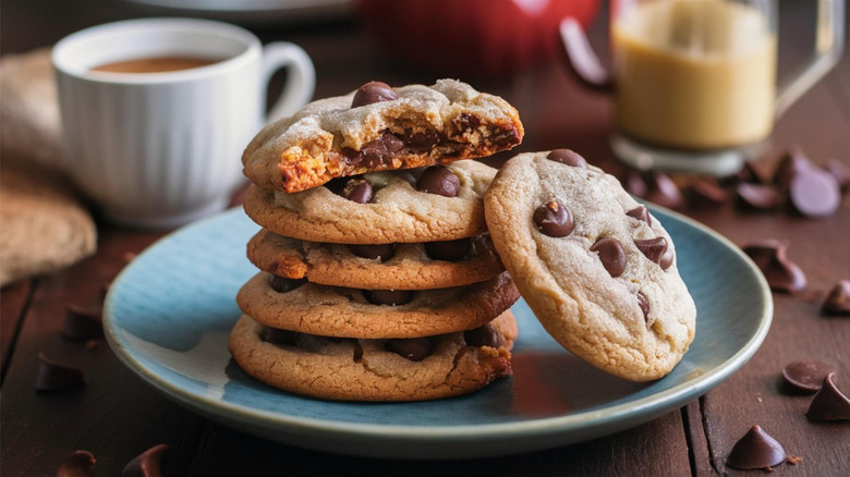 Five chocolate chip cookies sit stacked on top of one another next to a mug of coffee