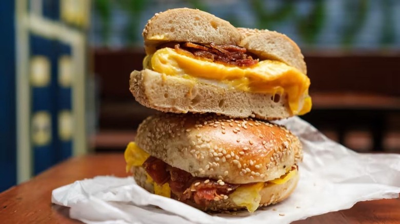 Bacon egg and cheese bagel sandwich