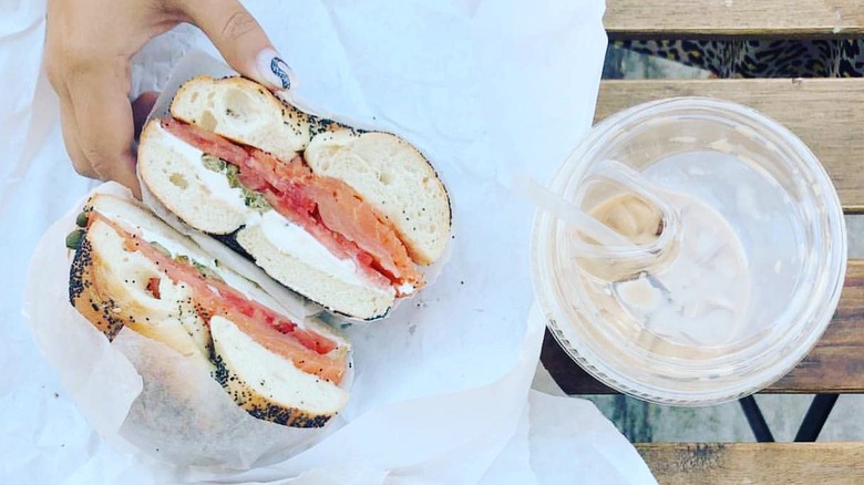 Bagel sandwich and iced coffee