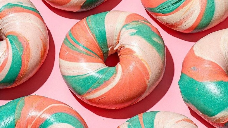 Pink and green swirl bagels