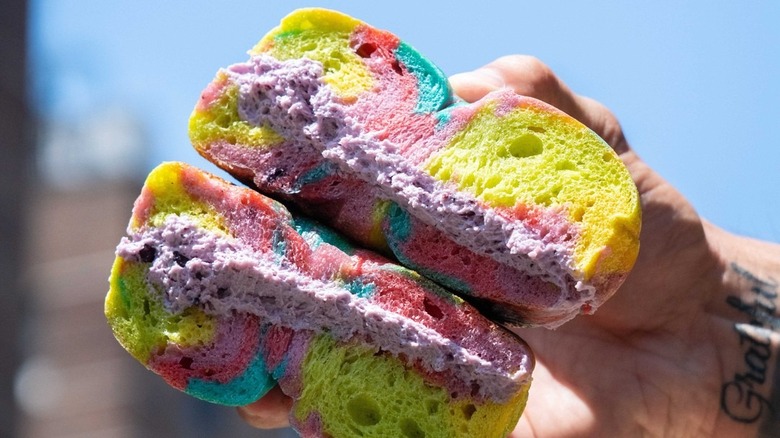 Rainbow bagel with blueberry cream cheese