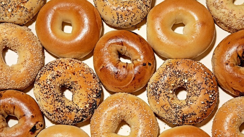 Variety of bagels on white background