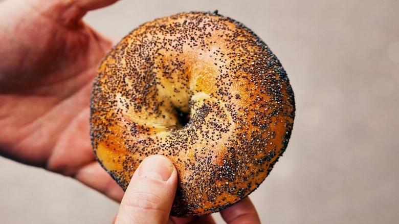 Hands holding poppyseed bagel