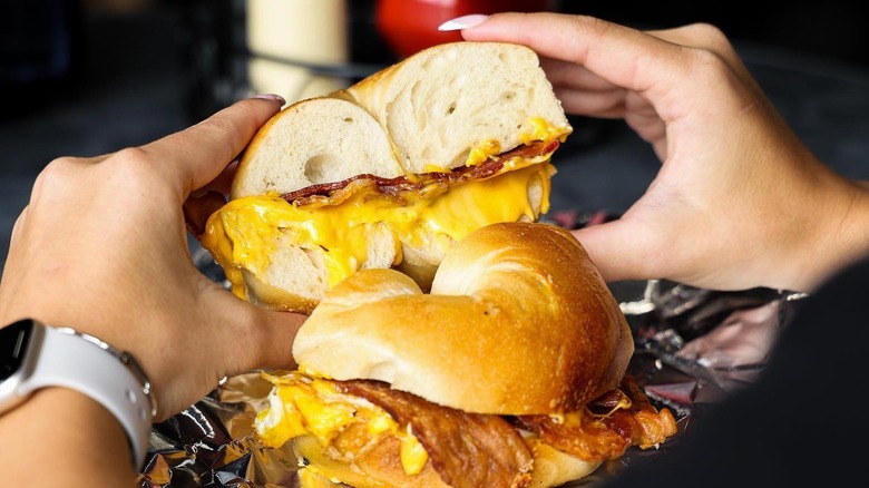 Bacon egg and cheese bagel sandwich