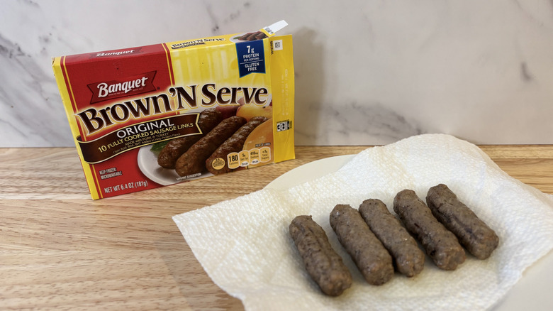 Banquet Brown 'N Serve sausages on a white plate