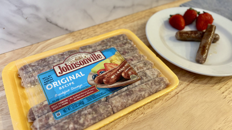 Johnsonville sausages on a white plate