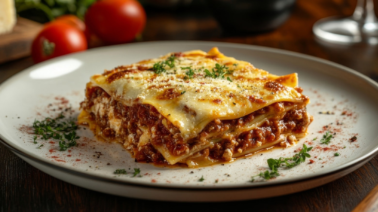 Portion of homemade lasagna on plate