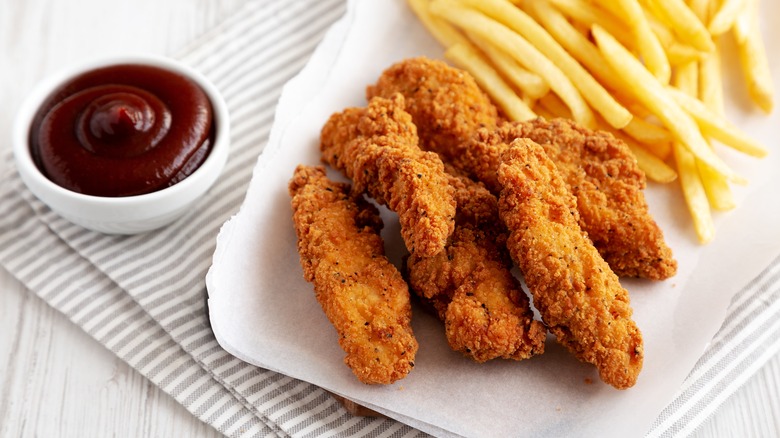 Breaded turkey or chicken tenders served with fries and BBQ sauce