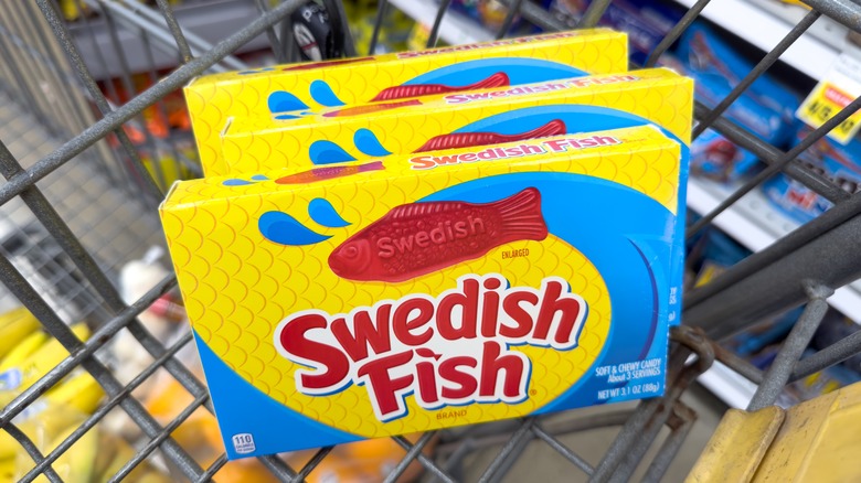 Boxes of Swedish Fish candy in shopping cart