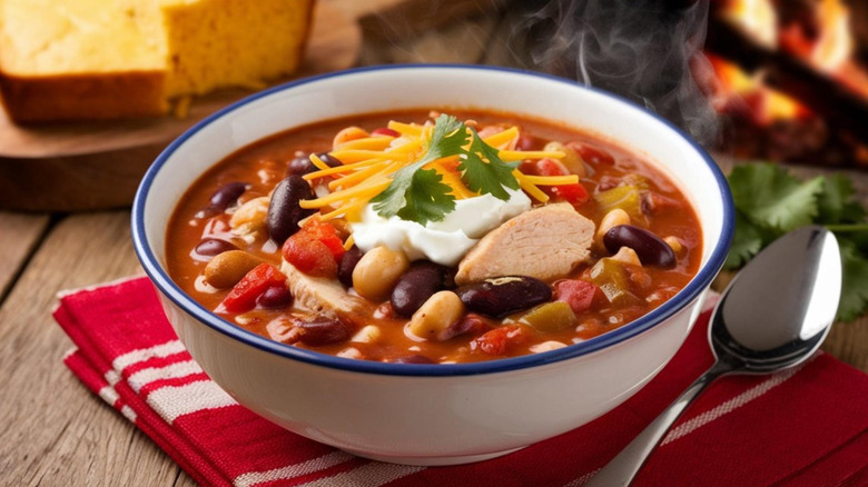 bowl of chili with cheese, sour cream, and cilantro