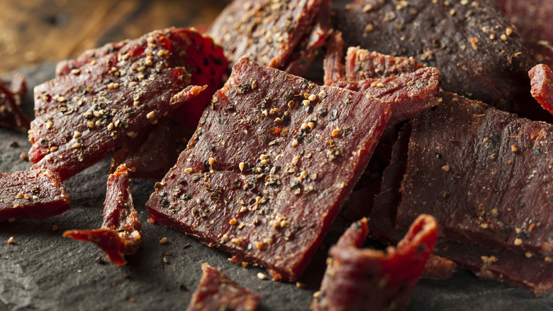 Dried pepper beef jerky cut into strips