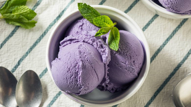 Ube ice cream in a bowl