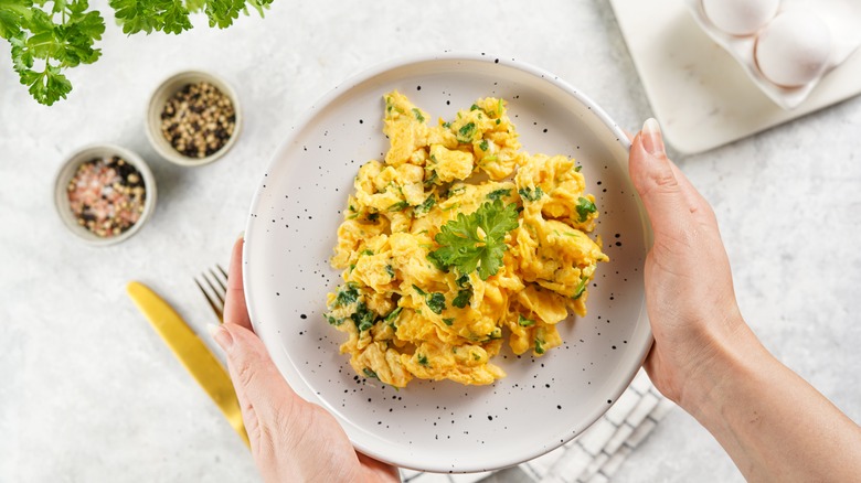 Holding plate of scrambled eggs with fresh herbs