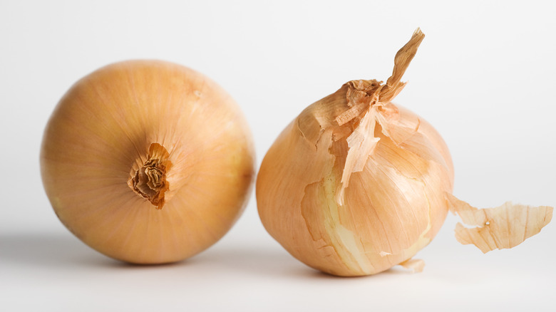 Two yellow onions against a white background