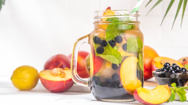 Arnold Palmer in mason jar with fruit and tapioca balls