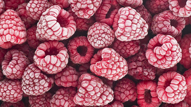 close up of frozen raspberries