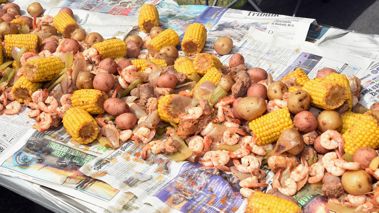 Seafood boil spread on table