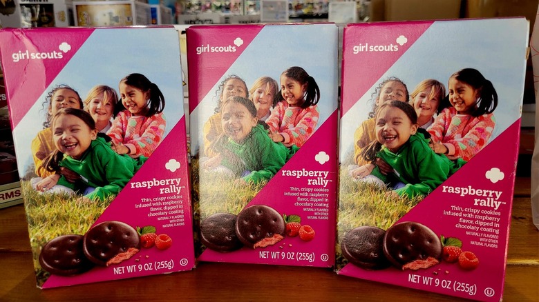 Boxes of Raspberry Rally Girl Scout cookies