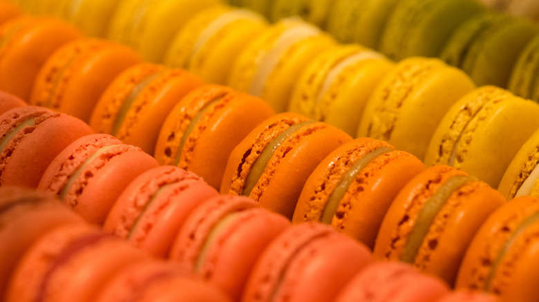 Rows of multi-colored macarons