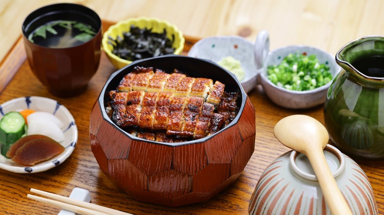 Japanese meal with grilled unagi eel