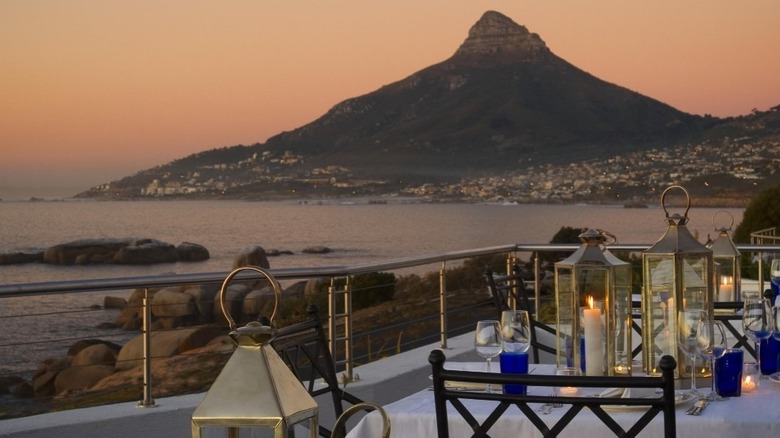 restaurant seating with mountain in distance