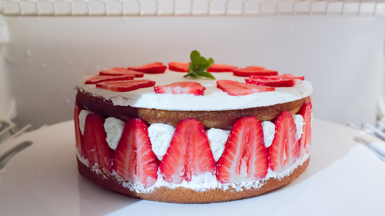 strawberry cake in fridge