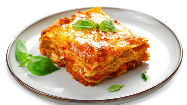 Classic lasagna on white plate