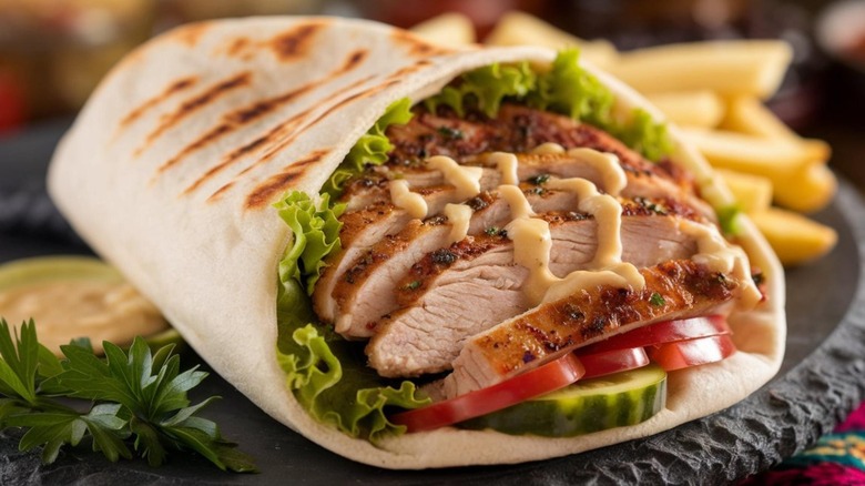 A wrap filled with chicken, lettuce, tomatoes, cucumber, and a creamy sauce