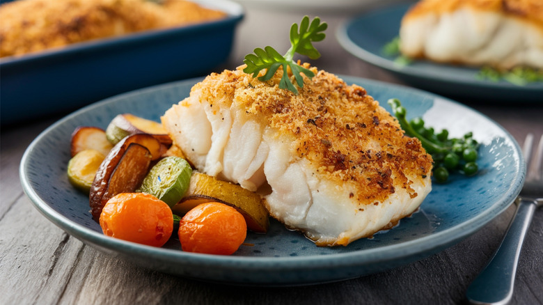 Plate of baked cod with breadcrumbs and roasted veggies