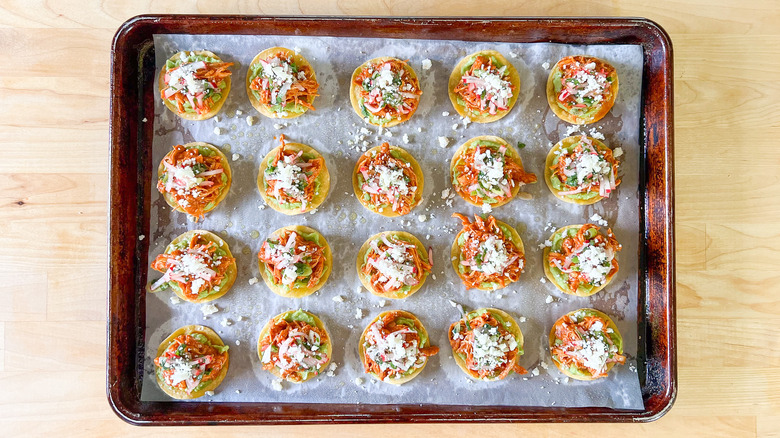 mini chicken tostadas on tray