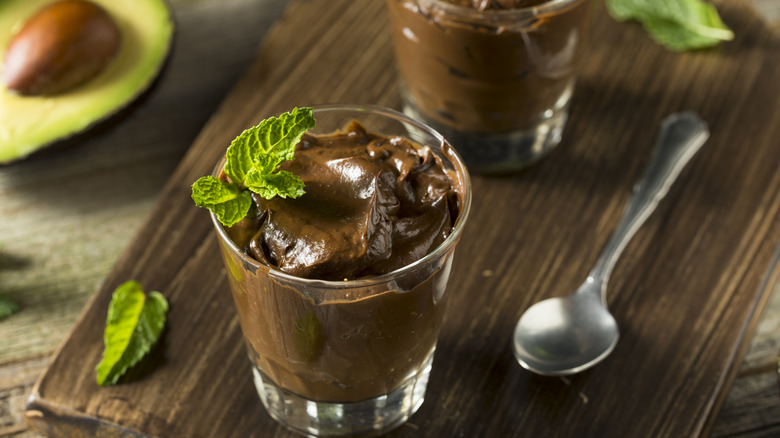 avocado chocolate mousse garnished with mint