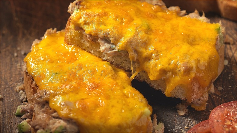 Open-faced tuna melts covered in melted cheese