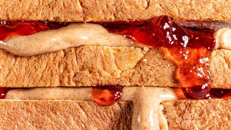 Close up of a peanut butter and jelly sandwich