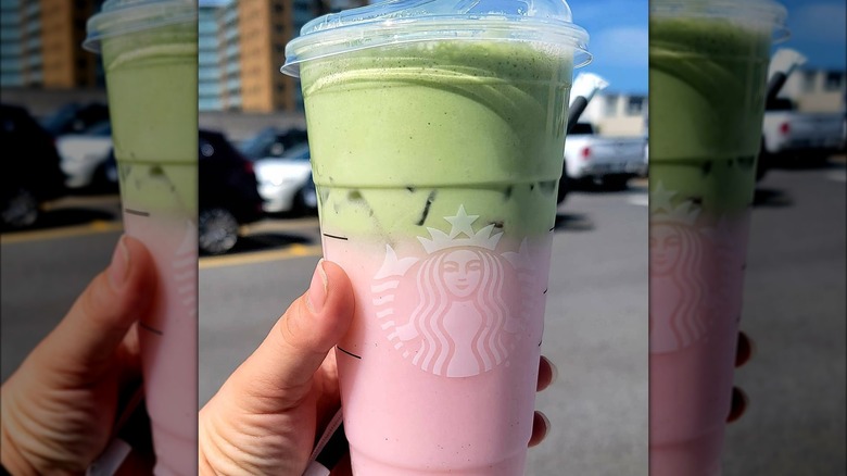 Starbucks Pink Drink with green match tea foam layer on top