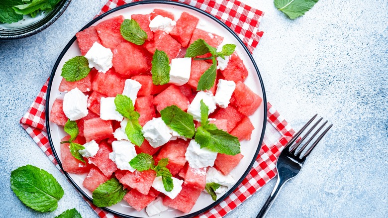 Watermelon salad with cheese and mint