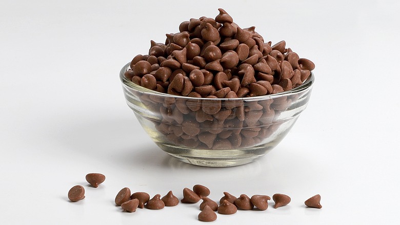 chocolate chips in glass bowl