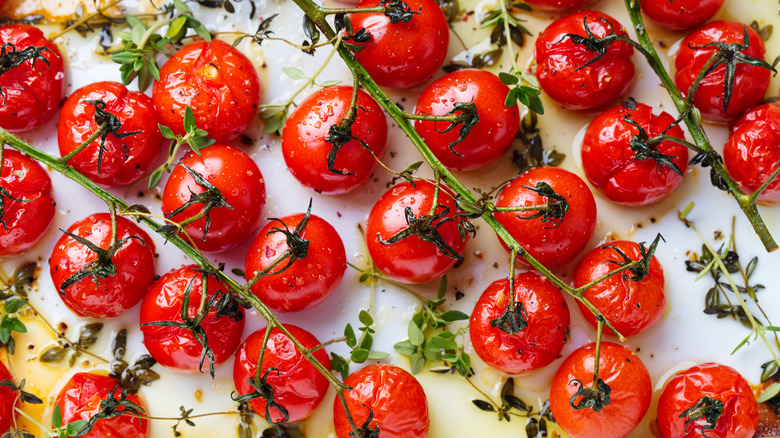 roasted tomatoes on baking sheet