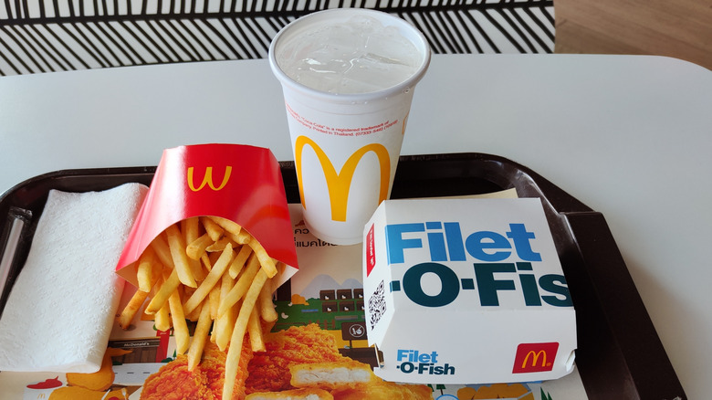 McDonald's Filet-O-Fish meal with fries and a drink on a tray