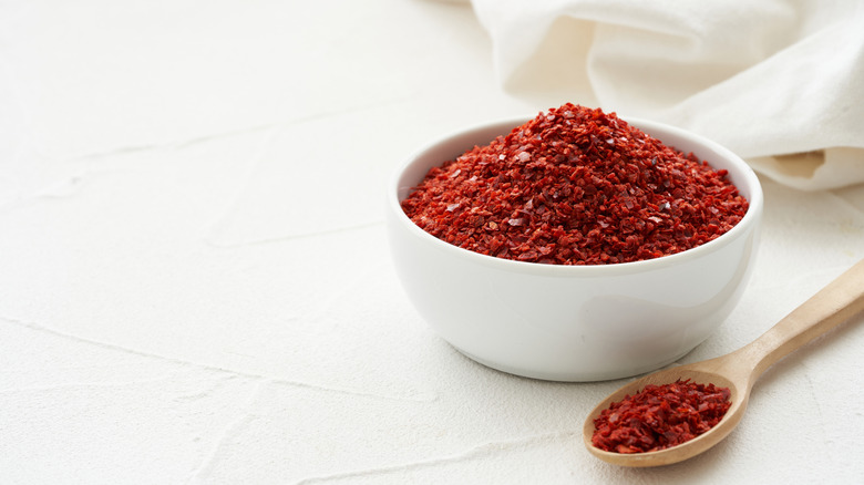 Gochugaru spice in a white bowl with a wooden spoon of seasoning beside it