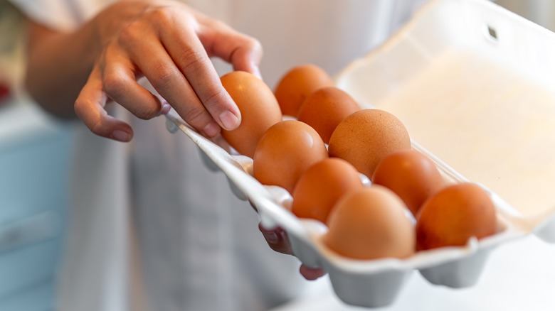 Person's hand taking an egg from a carton