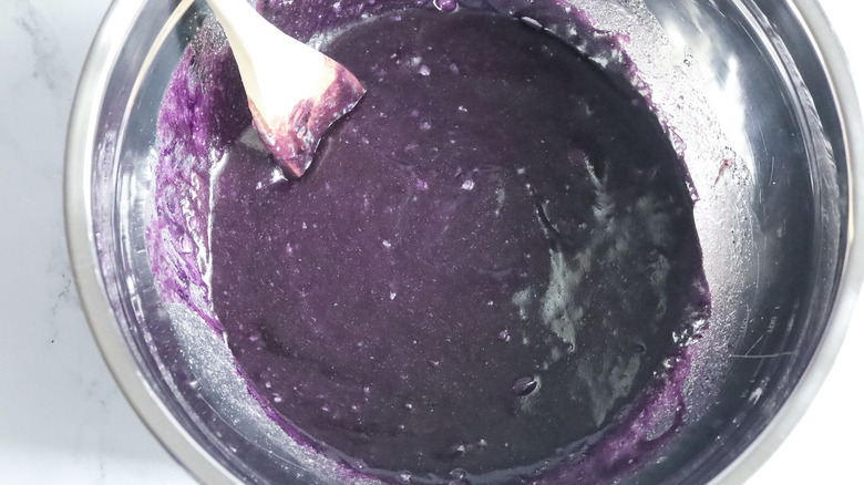 purple brownie batter in bowl