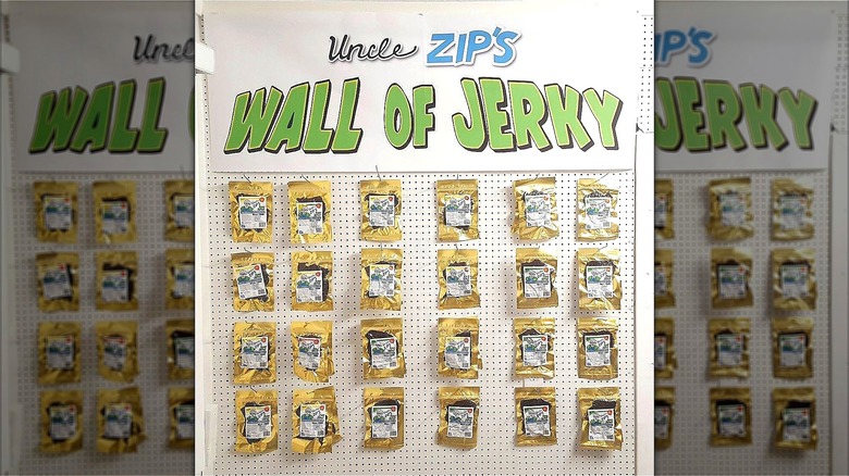 A wall of packaged jerky from inside of Uncle Zip's Beef Jerky shop in Hope Mills, North Carolina