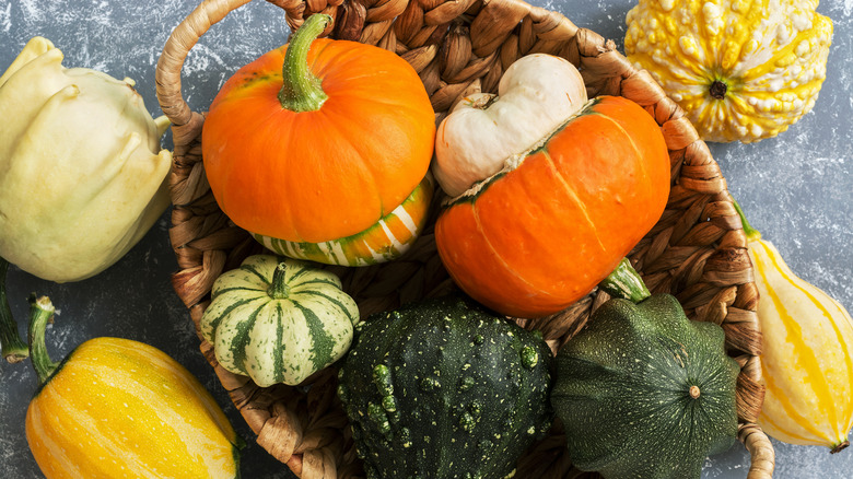 assorted whole winter squash in woven basket