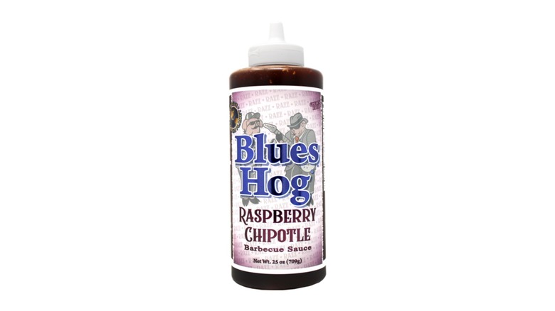 A bottle of Blues Hog Raspberry Chipotle Barbecue Sauce