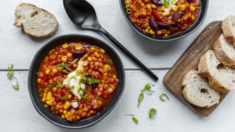 chili with corn in bowls