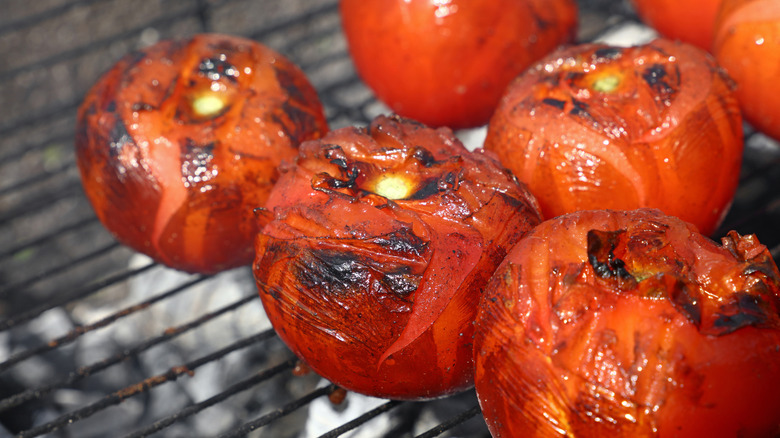 A skillet of grilled tomatoes