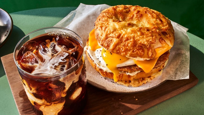 Panera breakfast sandwich with iced coffee.