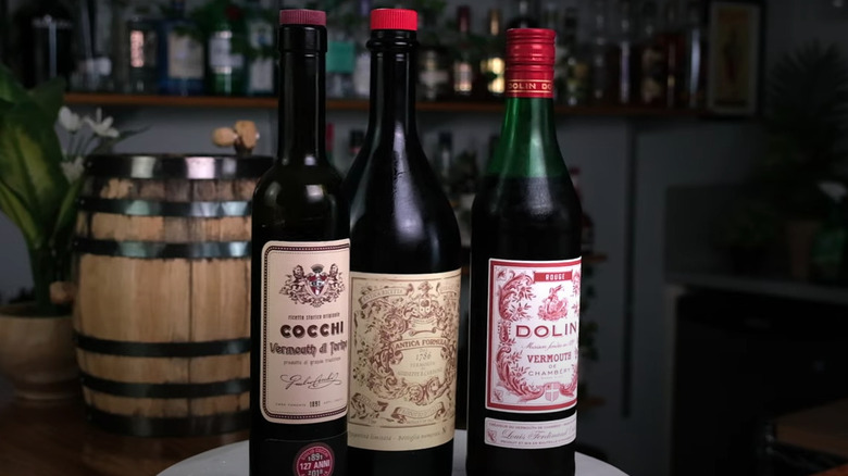 Assorted bottles of sweet red vermouth
